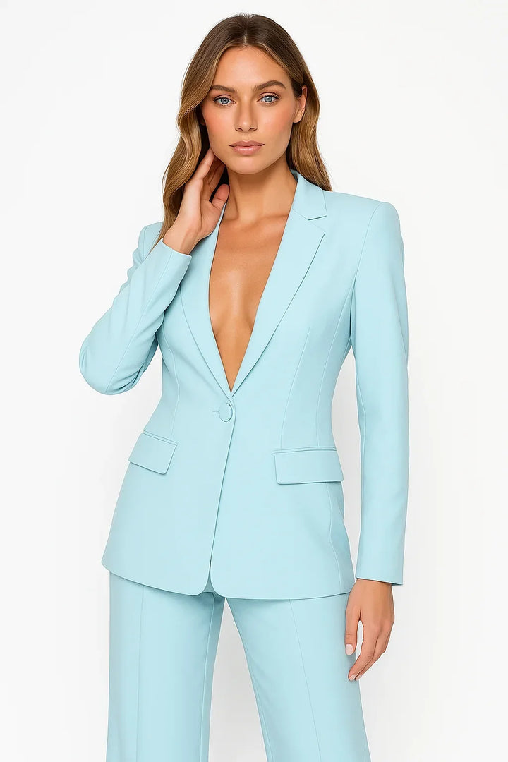 Fashionable women's deep V-neck blazer with comfortable wide-leg pants. Chic two-piece suit for modern women.