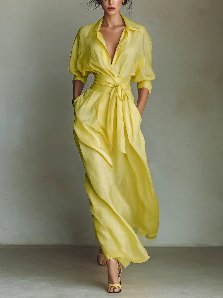 Women's deep V-neck tie-waist maxi shirt dress, perfect for versatile summer style and elegant workwear.
