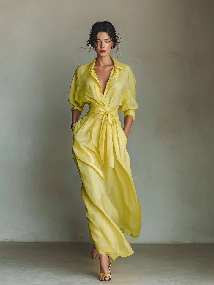 Elegant women's deep V-neck maxi shirt dress with adjustable tie-waist, ideal for casual chic or office.