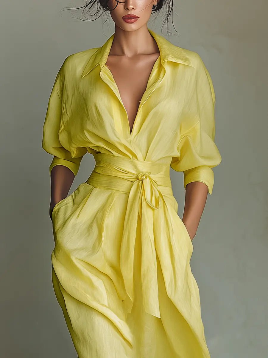 Versatile women's deep V-neck tie-waist maxi dress. Perfect as a stylish shirt dress for work or summer outings.