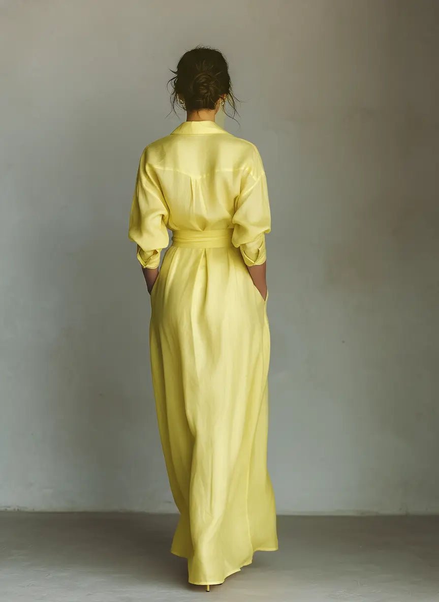 Stylish solid women's deep V-neck maxi shirt dress with tie-waist, a chic and versatile addition to your wardrobe.