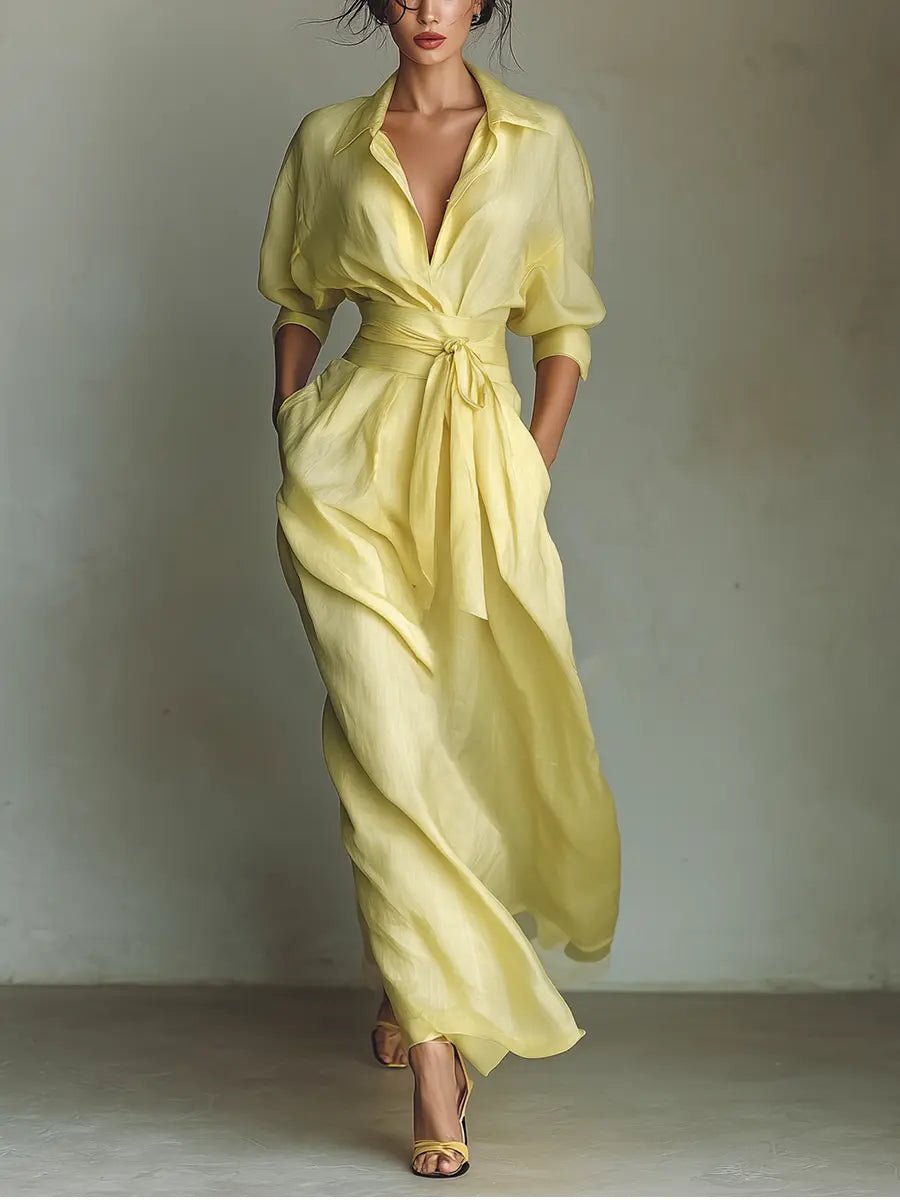 Fashionable women's deep V-neck tie-waist maxi shirt dress, offering casual chic and elegant appeal for summer.