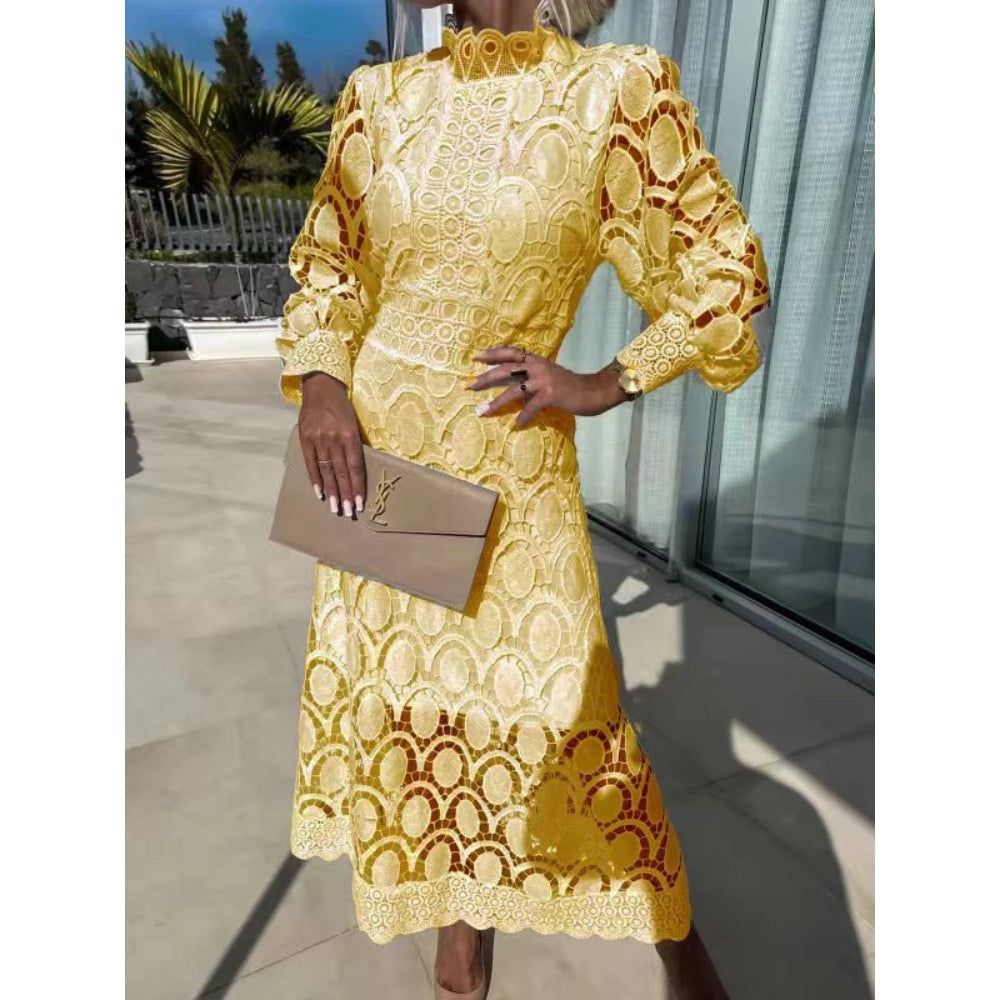 Sophisticated women's midi dress, delicate lace fabric, high neck & long sheer sleeves for timeless elegance.