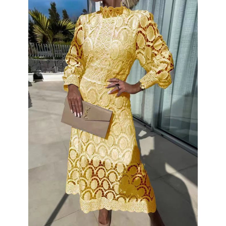 Sophisticated women's midi dress, delicate lace fabric, high neck & long sheer sleeves for timeless elegance.