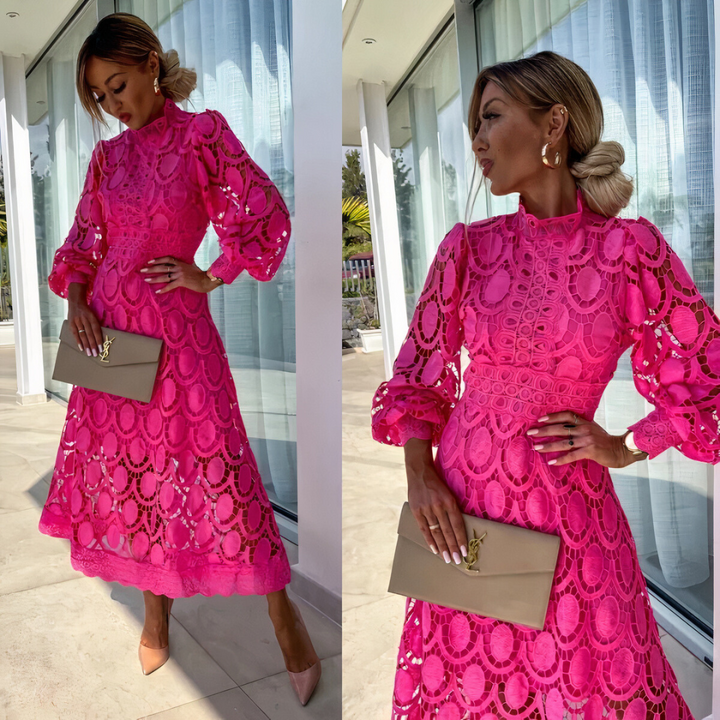 Women's delicate lace party midi dress with long sheer sleeves, a high neck & elegant design.