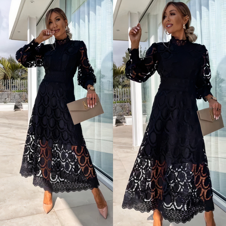 Timeless women's elegant midi dress, delicate lace, long sheer sleeves, ideal for evening and formal events.