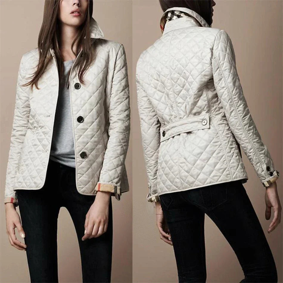 White diamond stitch quilted jacket for women. Versatile casual outerwear for modern everyday style.