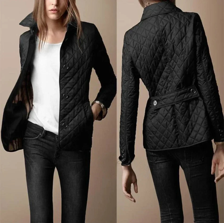 Black diamond quilted women's jacket. Casual, elegant outerwear for effortless layering and style.