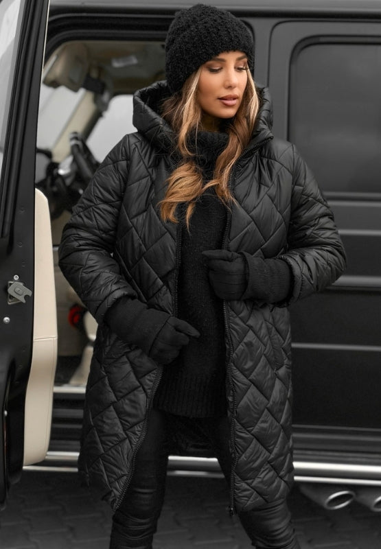 Close-up of women's diamond quilted hooded jacket showing texture & diamond stitch detail.
