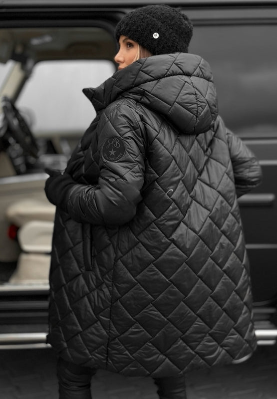 Women's casual hooded jacket featuring a diamond quilted design, offering everyday comfort & style.
