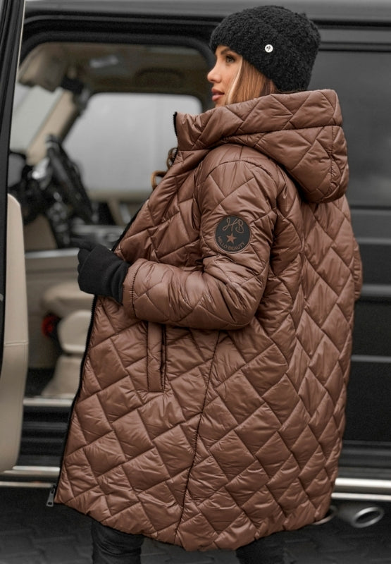 Chic women's diamond quilted hooded outerwear jacket, perfect for adding everyday style & comfort.