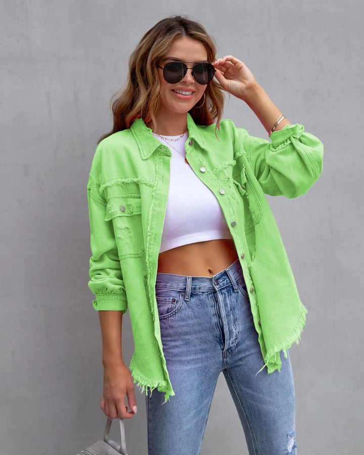 Layering piece: Women's distressed button-front denim jacket with stylish frayed hem. Versatile & chic.