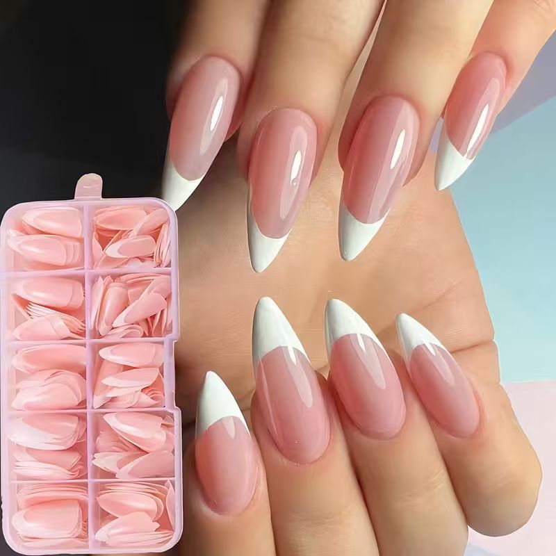 French almond false nail tips kit for women, ideal for DIY nail art, gel, or acrylic extensions.