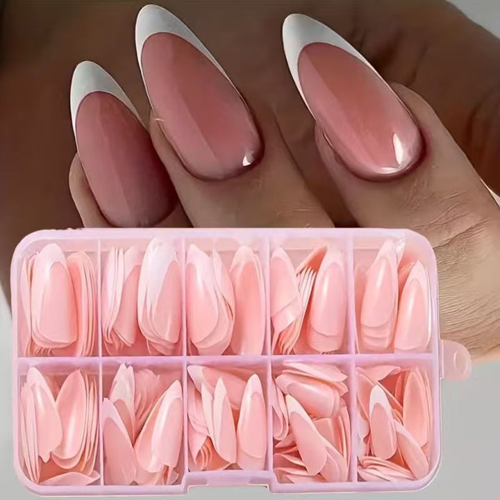 High-quality nail tips for DIY nail art and extensions. French almond false nails for stunning gel designs.