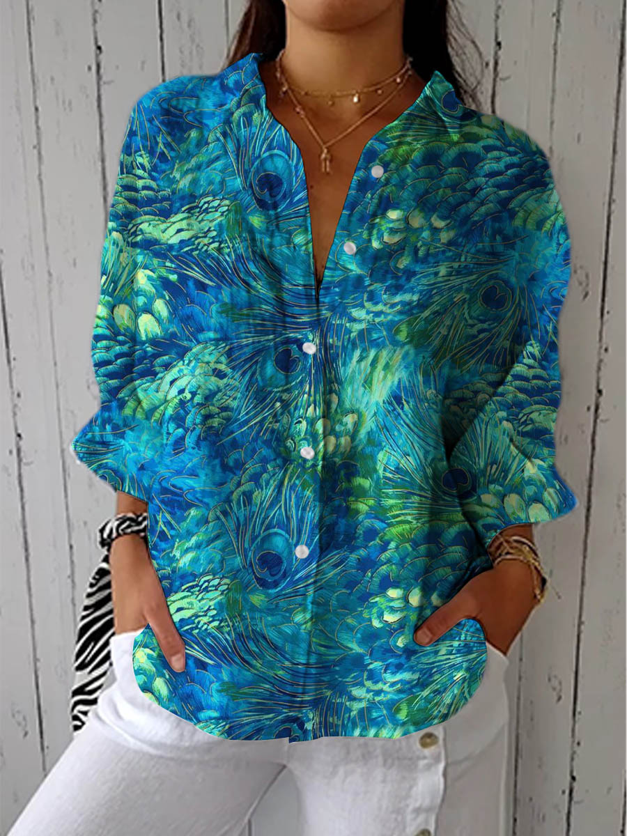 Women's Doris peacock print blouse, vibrant multicolour flowing top for stylish casual elegance.