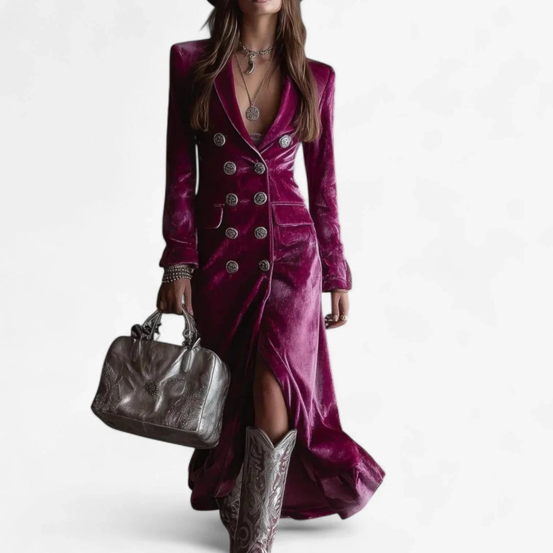 Women's double-breasted magenta midi dress with lapel collar and stylish side slit. Elegant formal wear.