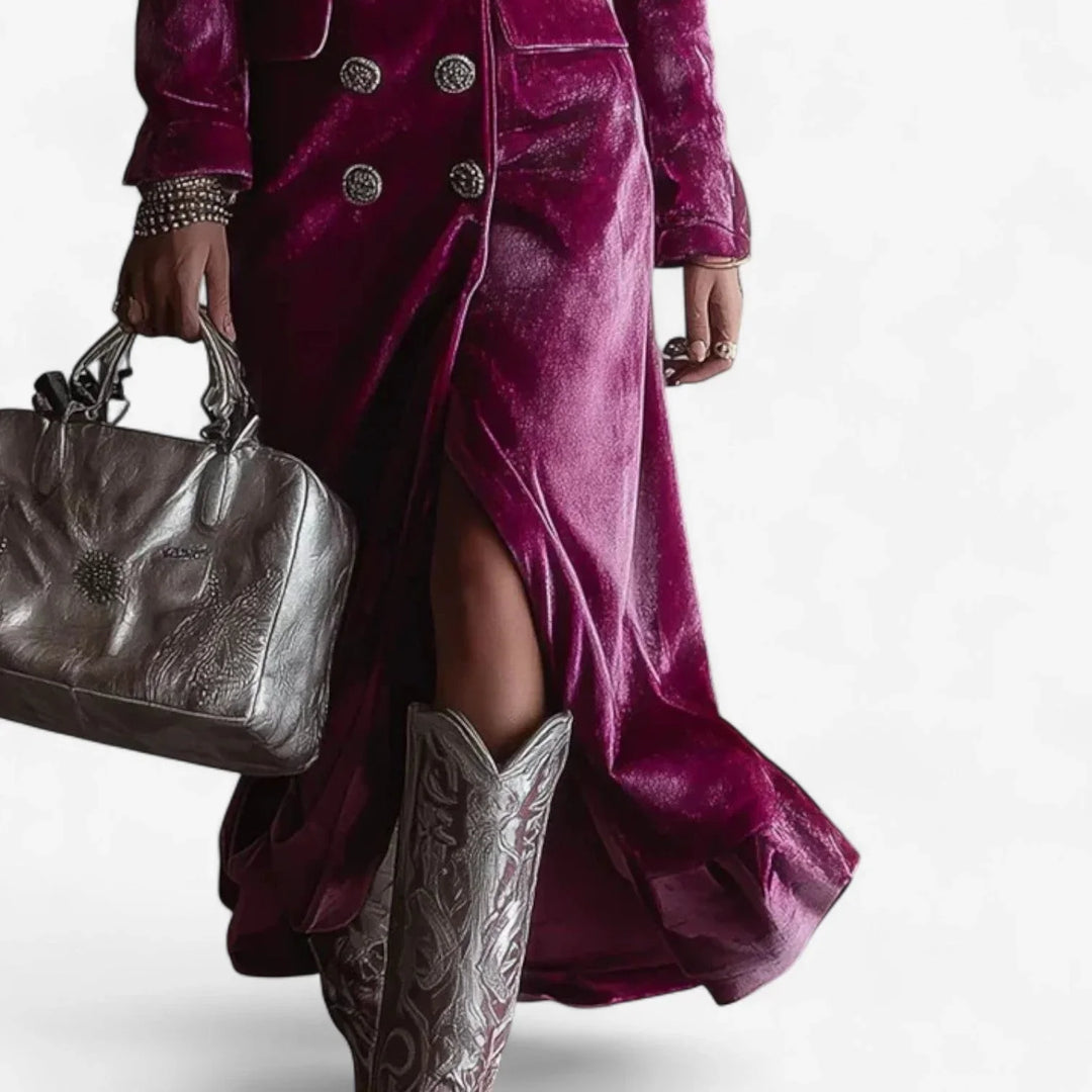 Sophisticated magenta midi dress, double-breasted design, perfect for cocktail parties and evening events.