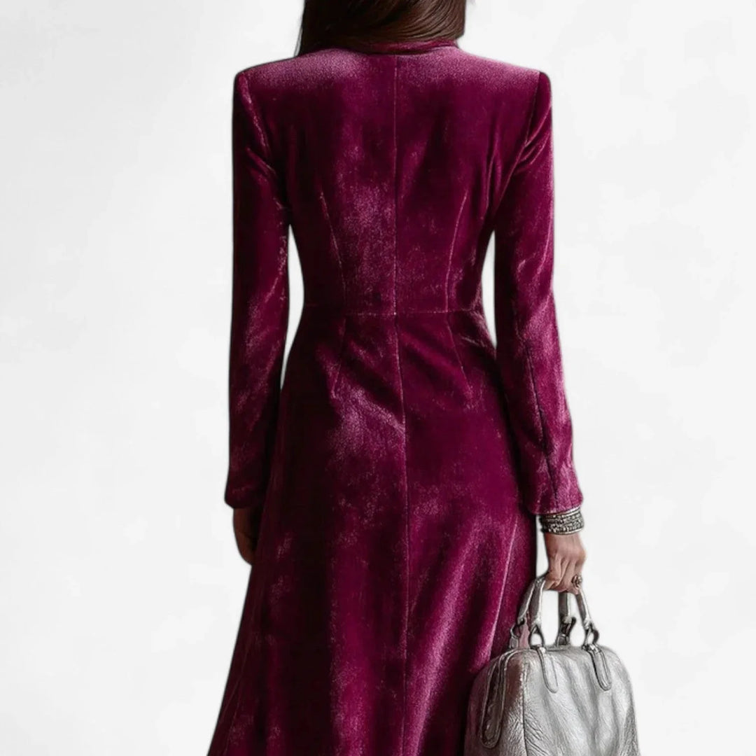Stylish women's formal midi dress featuring a chic lapel collar, double-breasted front & a flattering side slit.