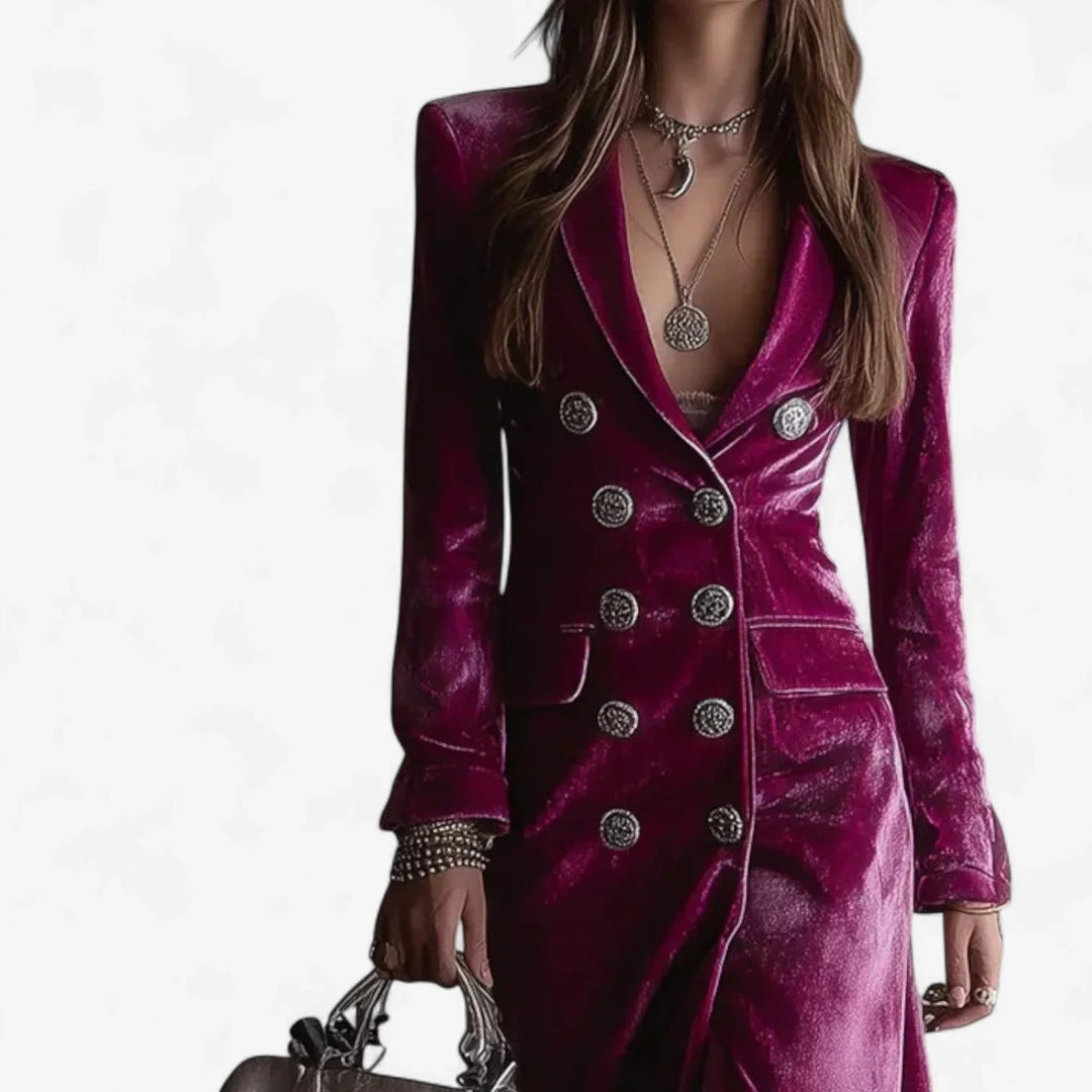 Elegant women's double-breasted midi dress in magenta, with a lapel collar & side slit for party or formal events.