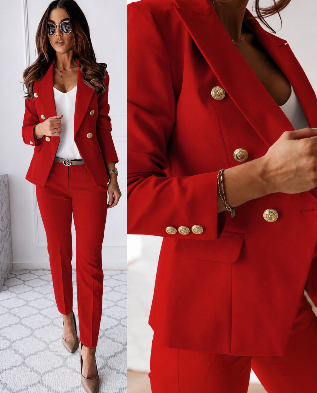 Texture of the women's suit fabric. Tailored double-breasted blazer and slim trousers for chic style.