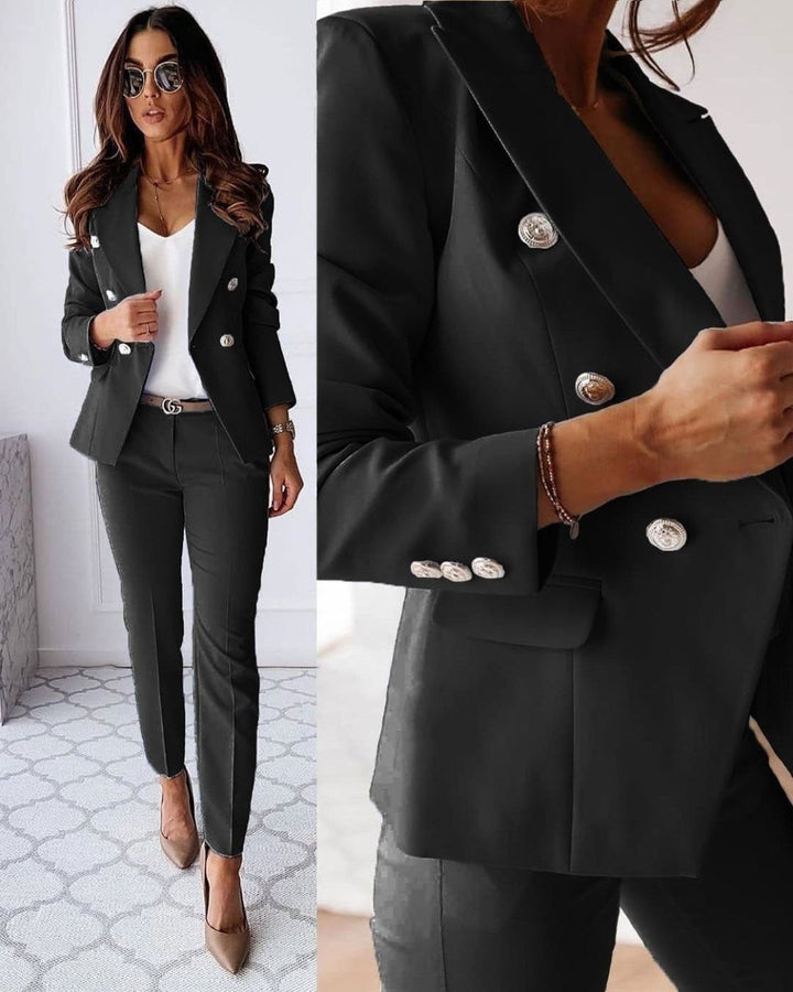 Versatile women's double-breasted suit set; tailored blazer for business & formal wear.