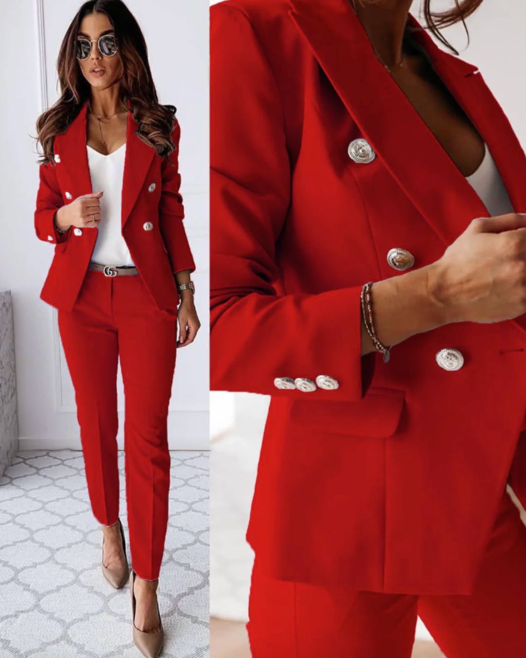 Close-up of double-breasted buttons on a tailored women's suit blazer, chic professional wear.