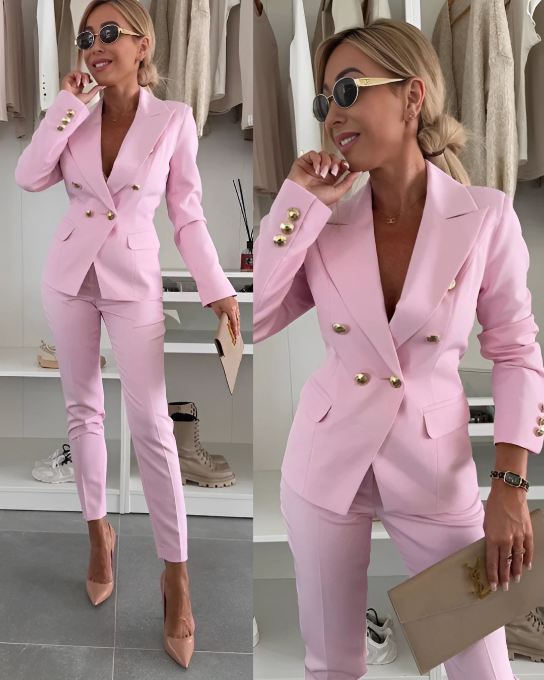 Chic women's double-breasted tailored suit, sophisticated professional & formal fashion.