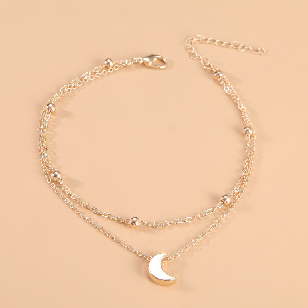 Beautiful women's layered moon charm anklet, adjustable celestial silver & gold jewelry.