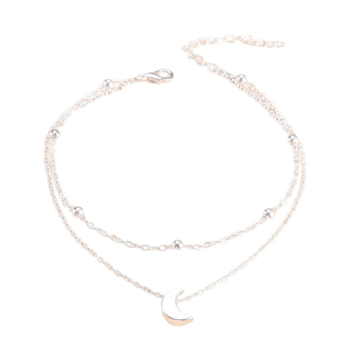 Silver & gold double-layered moon charm anklet for women, elegant celestial jewelry.