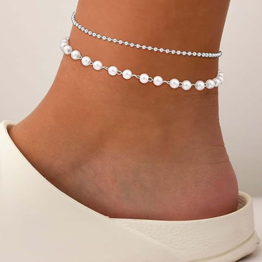 Women's double strand crystal beaded anklet, elegant foot jewelry perfect for summer.