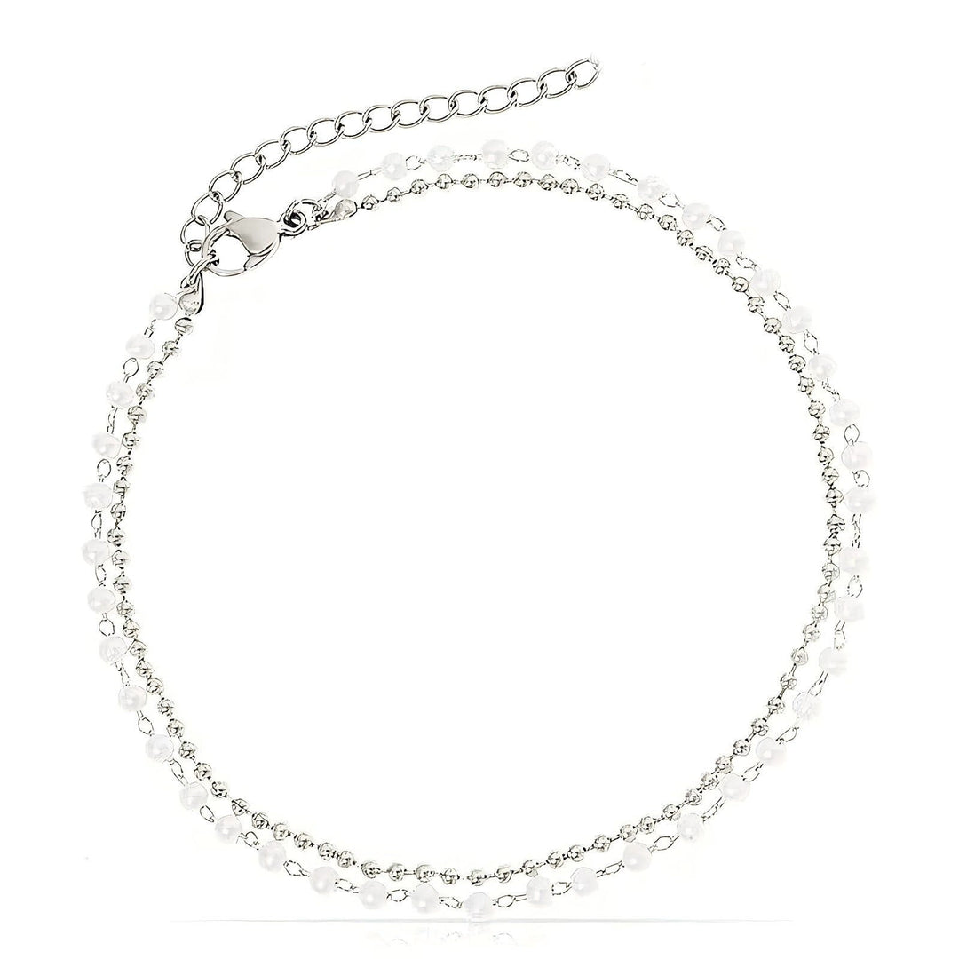 Fashionable women's double strand crystal beaded anklet, delicate and adjustable summer jewelry.