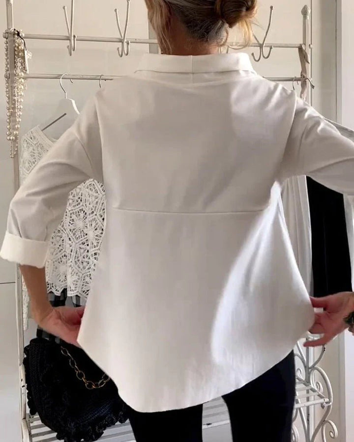 Relaxed fit women's draped cowl neck top with drop shoulder & three-quarter sleeves. Comfortable casual chic style.