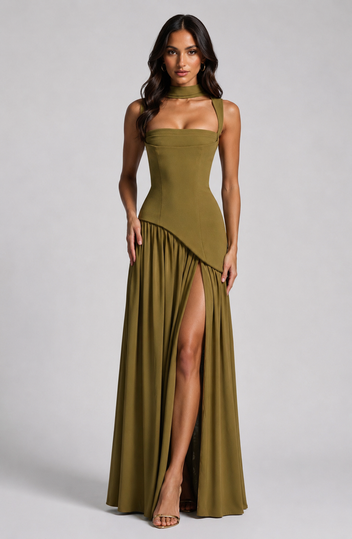 Elegant women's draped maxi dress. Flowy fabric and comfortable fit make it ideal for summer vacations and beachwear.