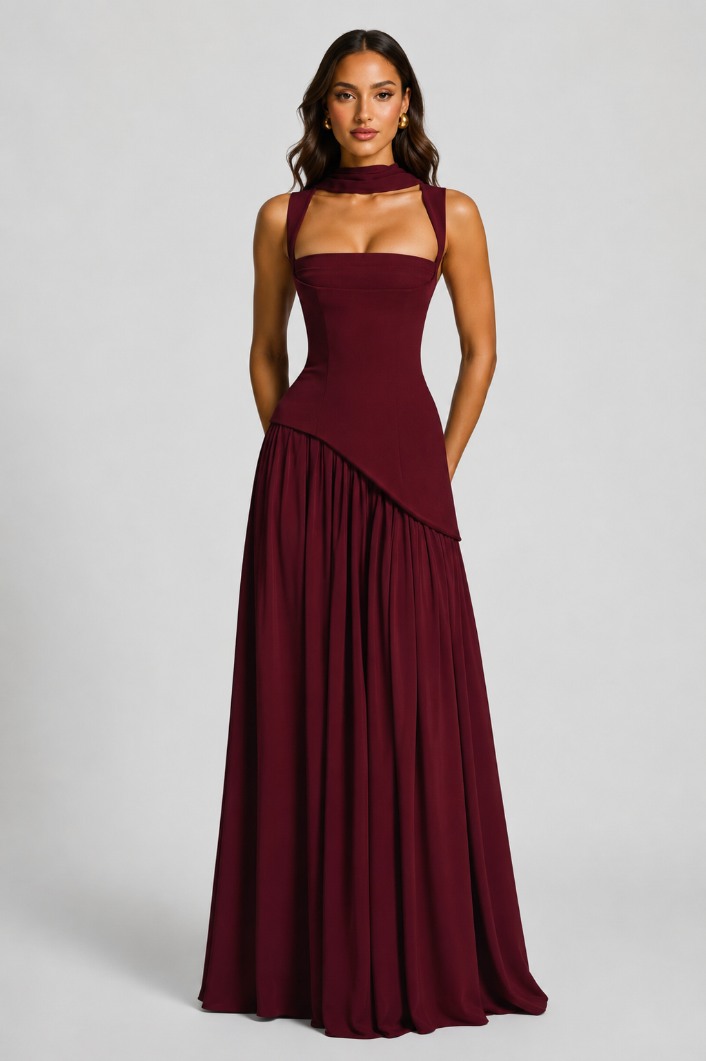 Casual women's draped maxi dress for summer. Stylish beachwear or evening look, soft, elegant, and comfortable.