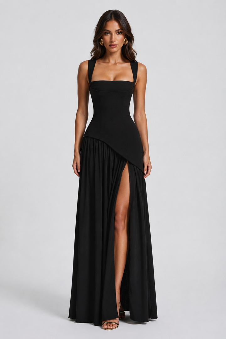 Full-length view of a women's draped maxi dress, showcasing its elegant flowy design for perfect summer style.