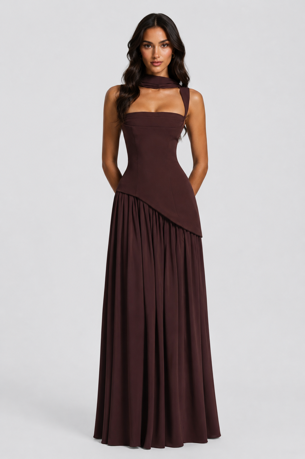 Close-up of the elegant draping detail on a women's maxi dress, highlighting its soft, flowy fabric & summer style.