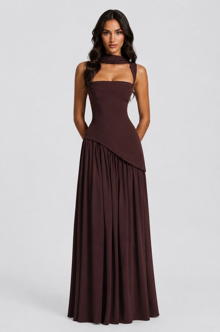 Close-up of the elegant draping detail on a women's maxi dress, highlighting its soft, flowy fabric & summer style.