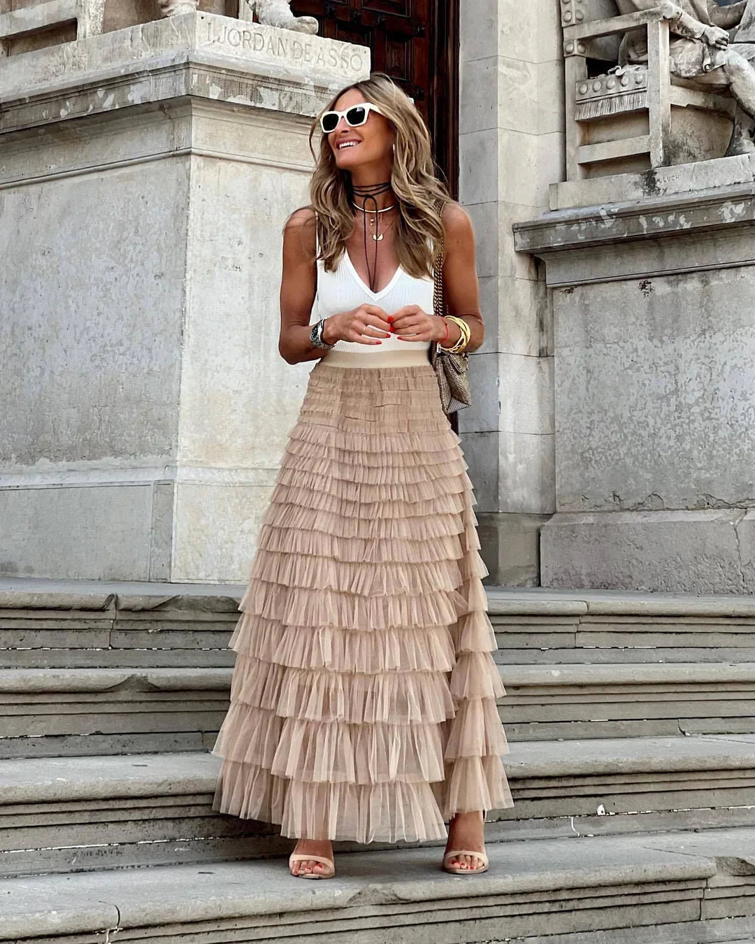 Women's dreamy flowy maxi skirt with comfortable elastic waistband, perfect for elegant summer fashion.
