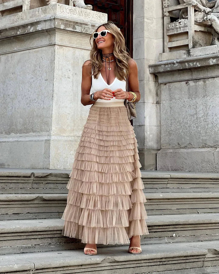 Women's dreamy flowy maxi skirt with comfortable elastic waistband, perfect for elegant summer fashion.