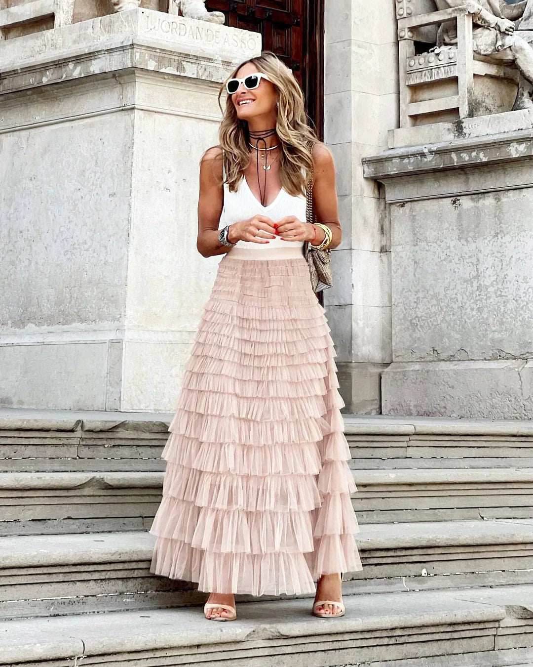 Versatile women's long flowy maxi skirt with elastic waist, ideal for spring style, party, or modest wear.