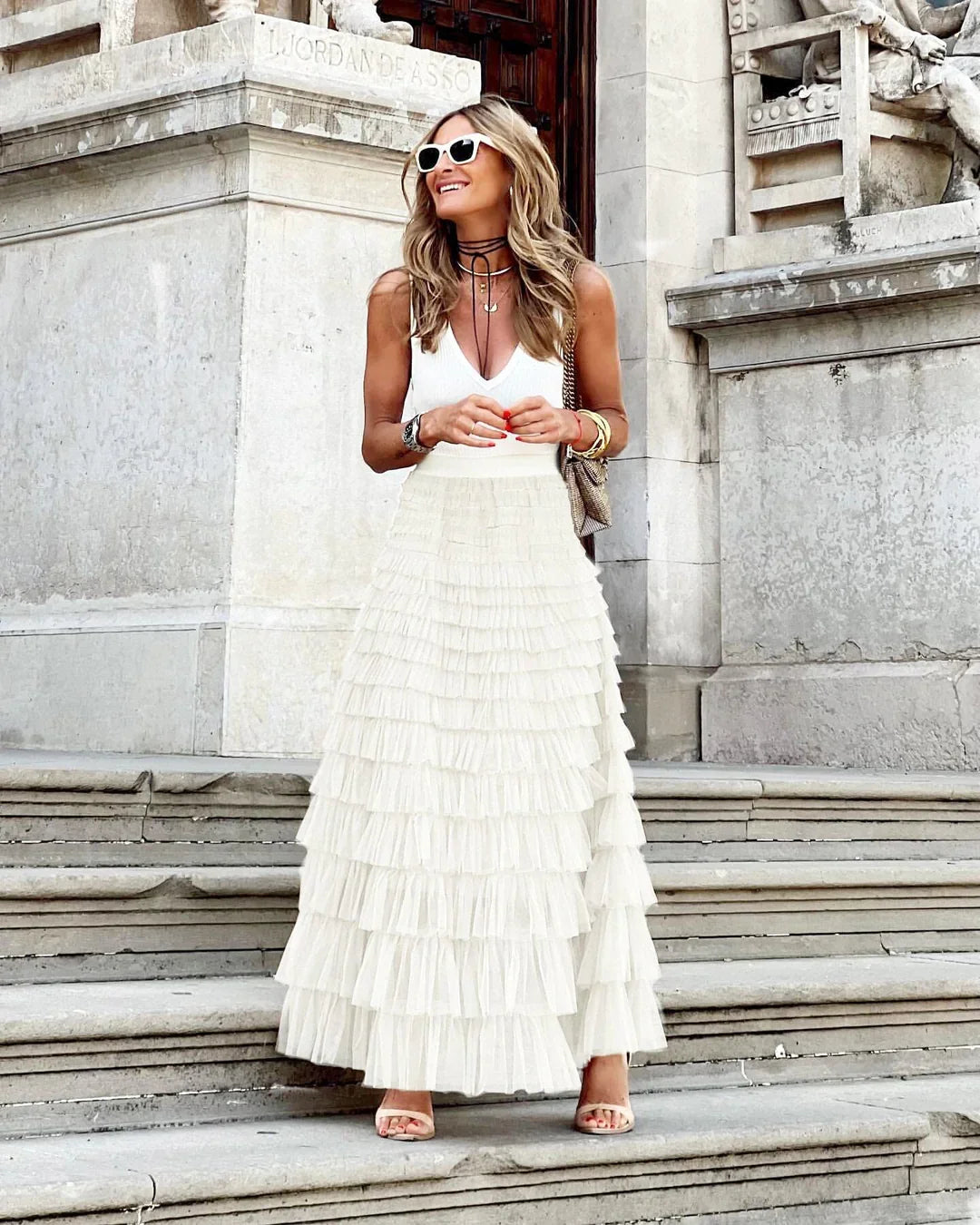 Elegant women's dreamy flowy maxi skirt, featuring a comfy elastic waistband for relaxed, stylish comfort.