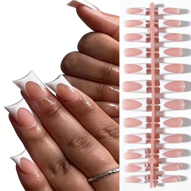 Women's duckbill artificial nail tips, clear wide flared shape for salon-style manicure and DIY nail art.