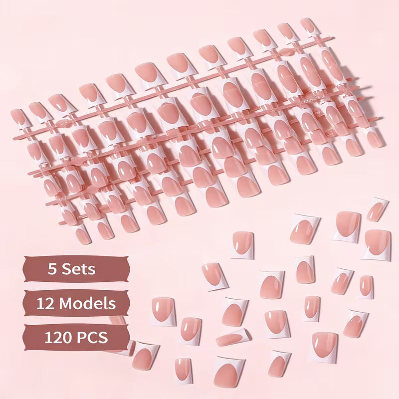 French tip duckbill press-on nails, white tip false nails for elegant home manicure or professional salon use.