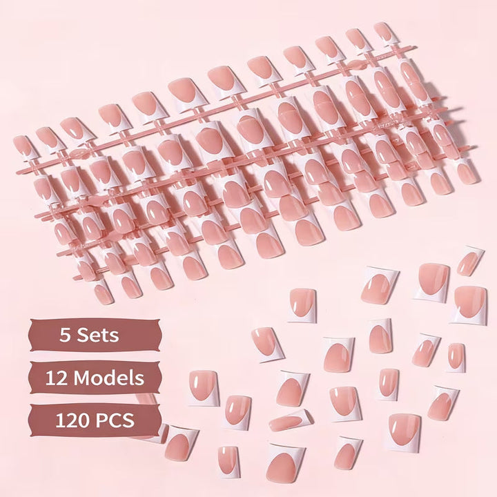 French tip duckbill press-on nails, white tip false nails for elegant home manicure or professional salon use.