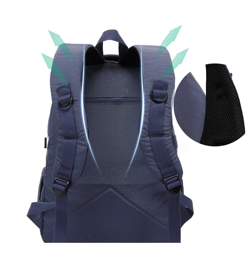 Woman easily accessing items from her stylish nylon everyday carry backpack.