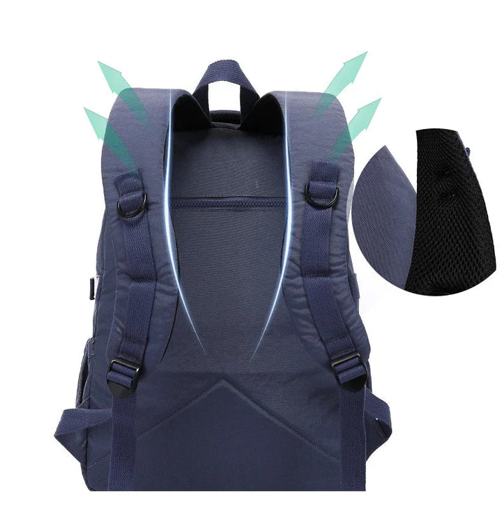 Woman easily accessing items from her stylish nylon everyday carry backpack.