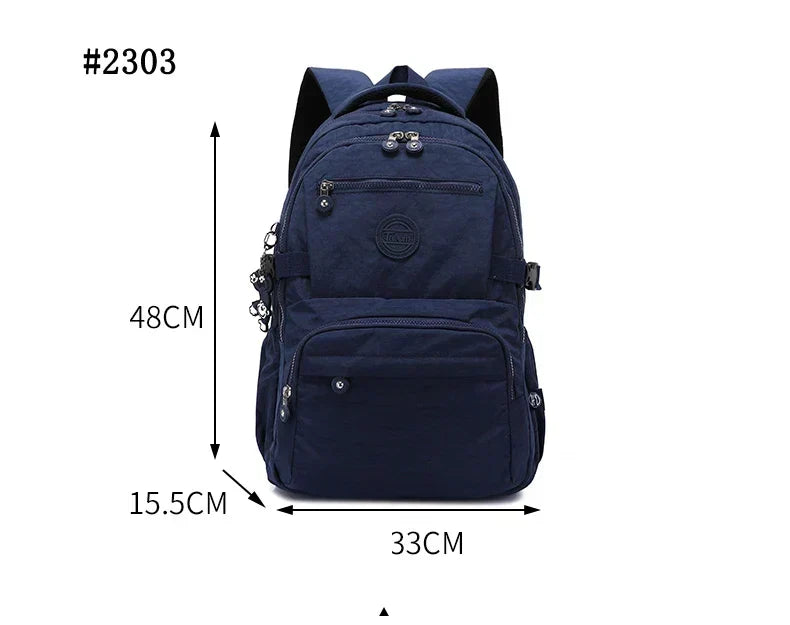 Empty women's water-resistant nylon backpack, showcasing its lightweight and sleek design.