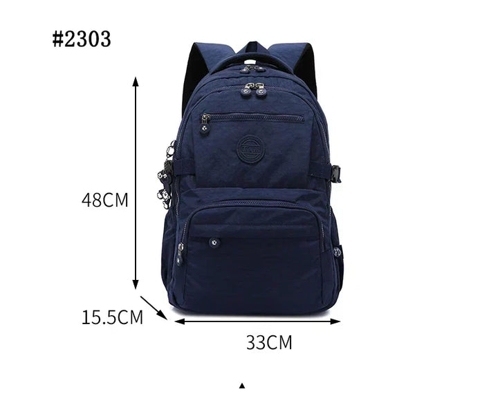 Empty women's water-resistant nylon backpack, showcasing its lightweight and sleek design.