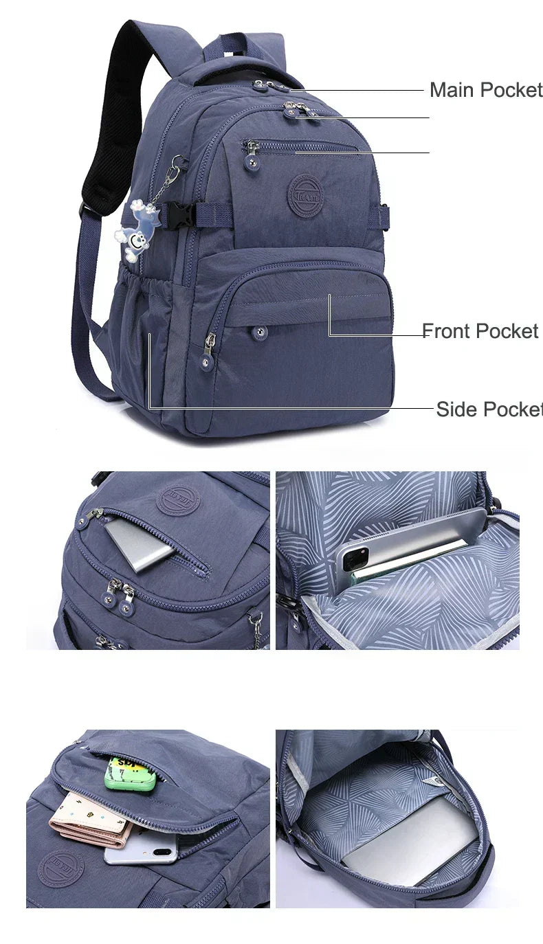 Woman cycling with a durable water-resistant nylon commuter backpack on her back.