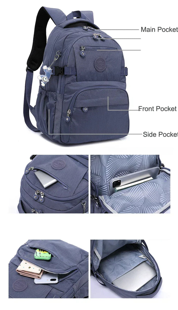Woman cycling with a durable water-resistant nylon commuter backpack on her back.